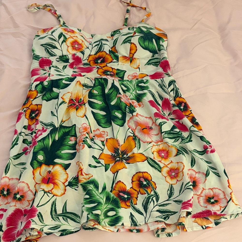 Tropical Floral Mini Dress in Green & Pink - Unbranded